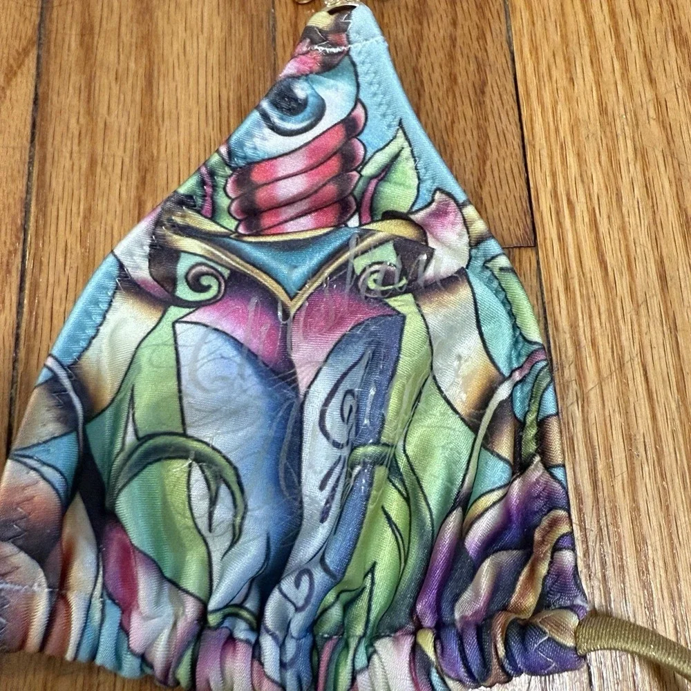 Christian Audigier Y2K Rhinestone Bird Print String Triangle Bikini Size Small - Picture 4 of 9